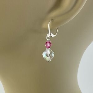 Aurora Borealis Clear & Pink Crystal Earrings, Vtg & Swarovski, Handmade, 1.5" L